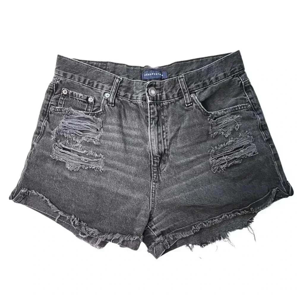 AEROPOSTALE Mom Short Black High Rise Ripped Jean Shorts Curvy Distressed SZ12